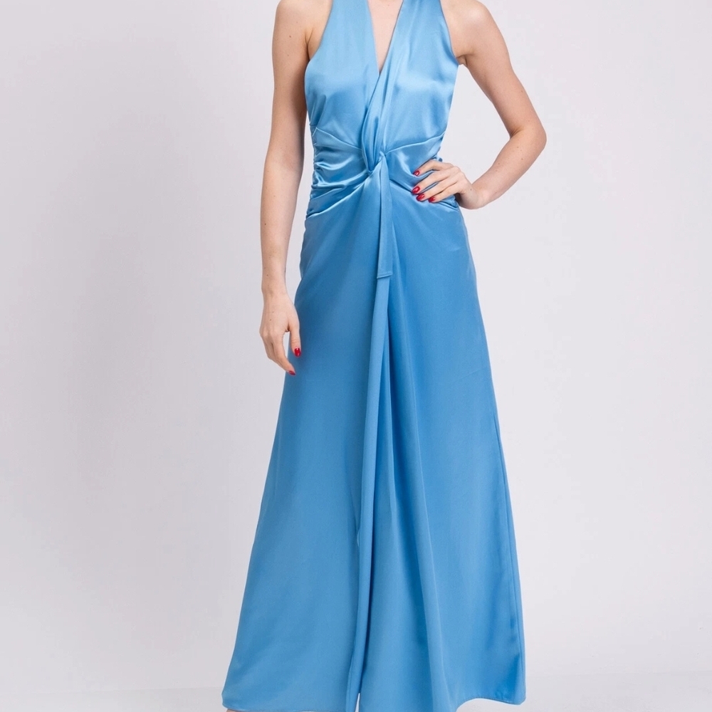 ACTUALEE Satin Maxi Dress Blue Twisted Halterneck